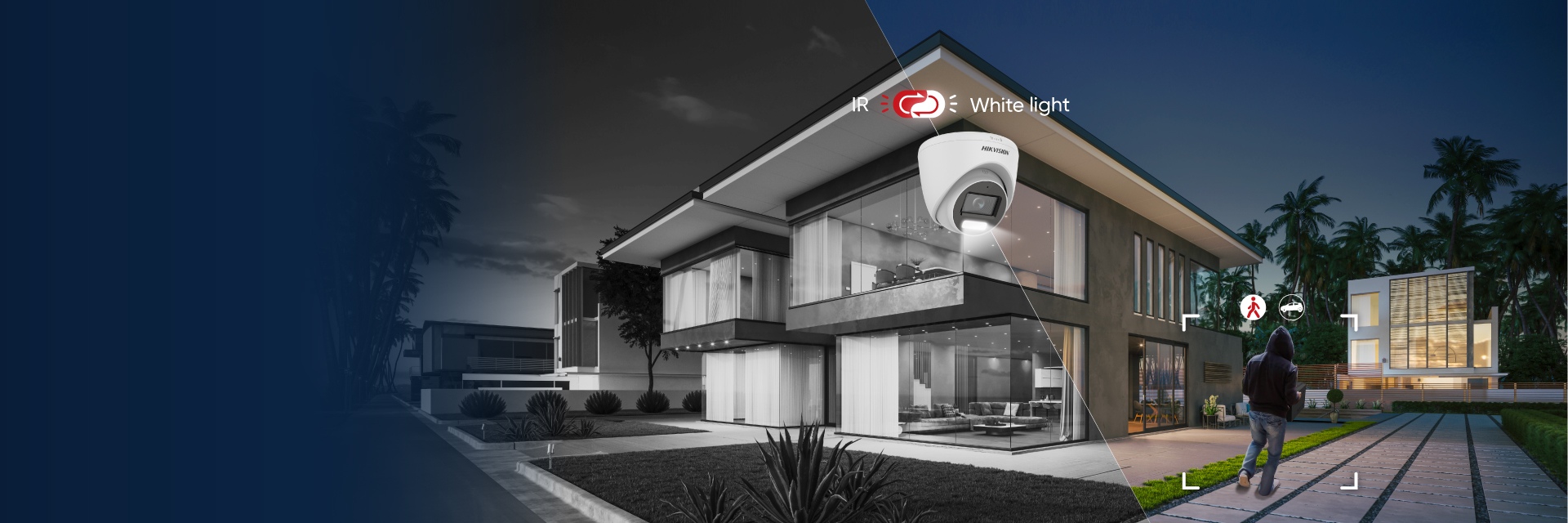Caméra Hikvision sur une maison moderne au crépuscule
